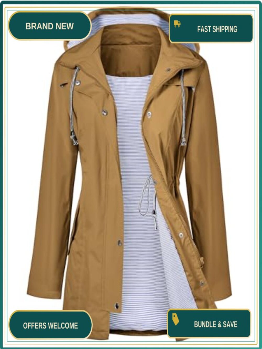 Waterproof Long Hooded Trench Raincoat Lined Windbreaker Travel Jacket